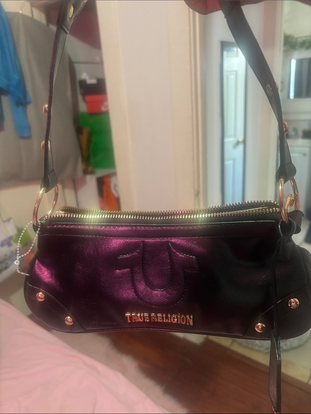 True Religion Metallic Purple Shoulder Bag with Black Strap
